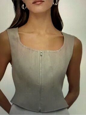 DKNY Taupe Sleeveless Zip Peplum Top